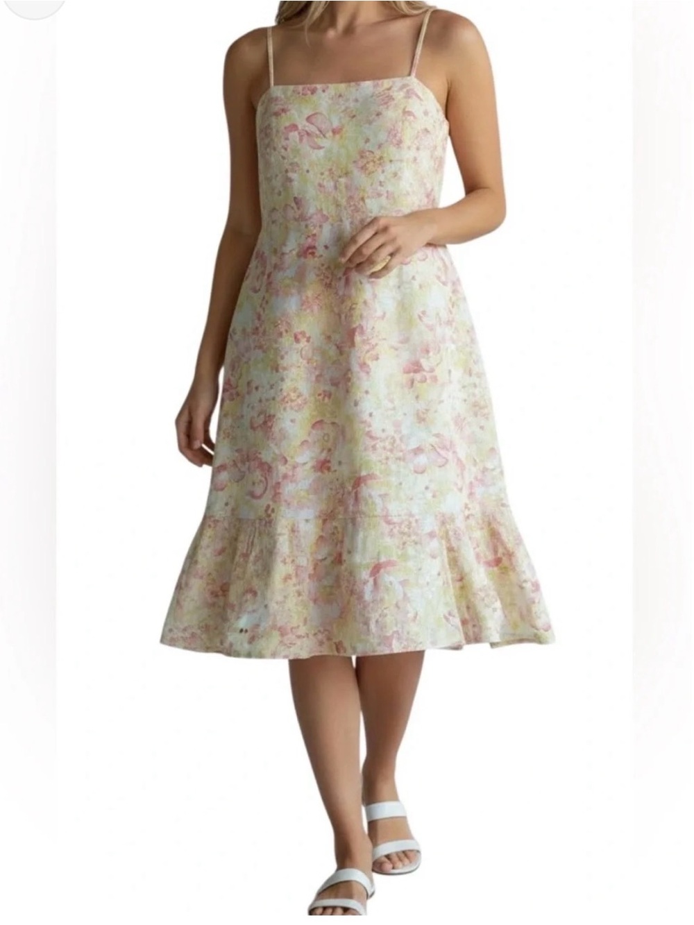 Ann Taylor floral linen midi sundress with vertical pintuck bodice